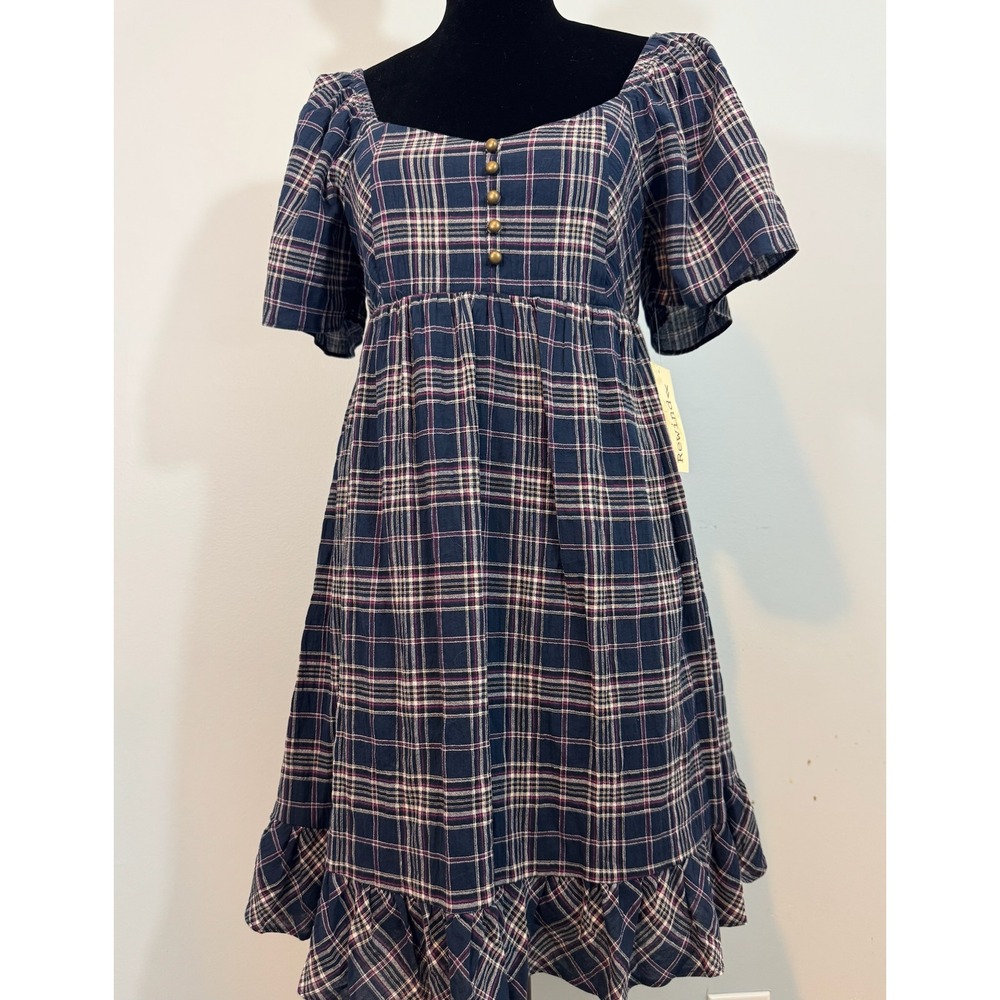 Rewind Women Plaid Country W/ Ruffles Blue White Cottagecore Short Sleeve Dress